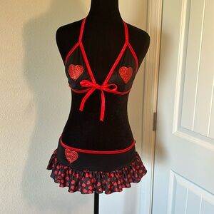 Red and Black Heart Print Lingerie Set